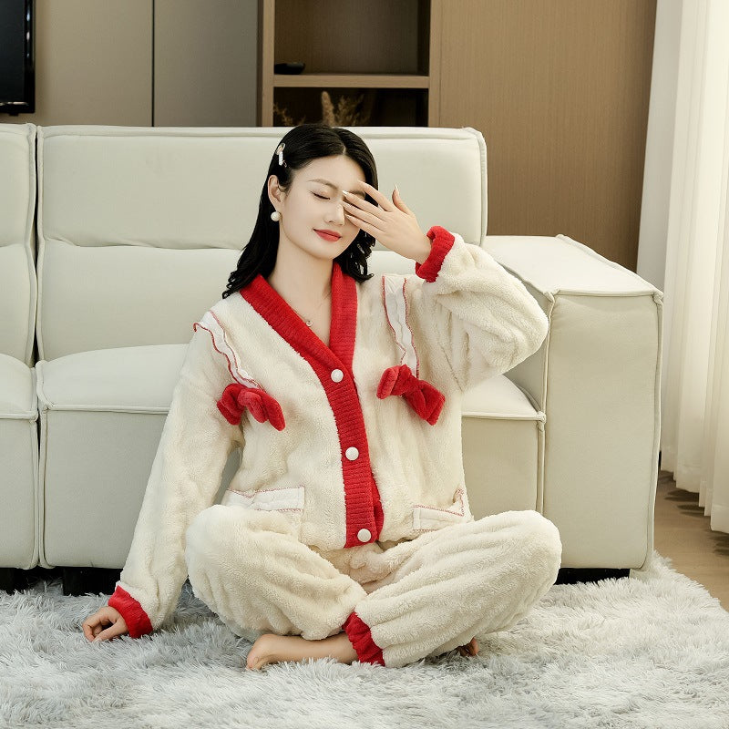 Women's Coral Fleece V-Neck Pajama Set