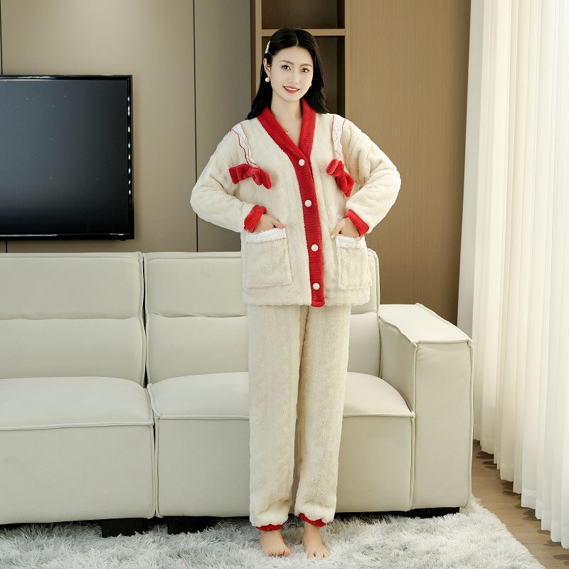 Women's Coral Fleece V-Neck Pajama Set