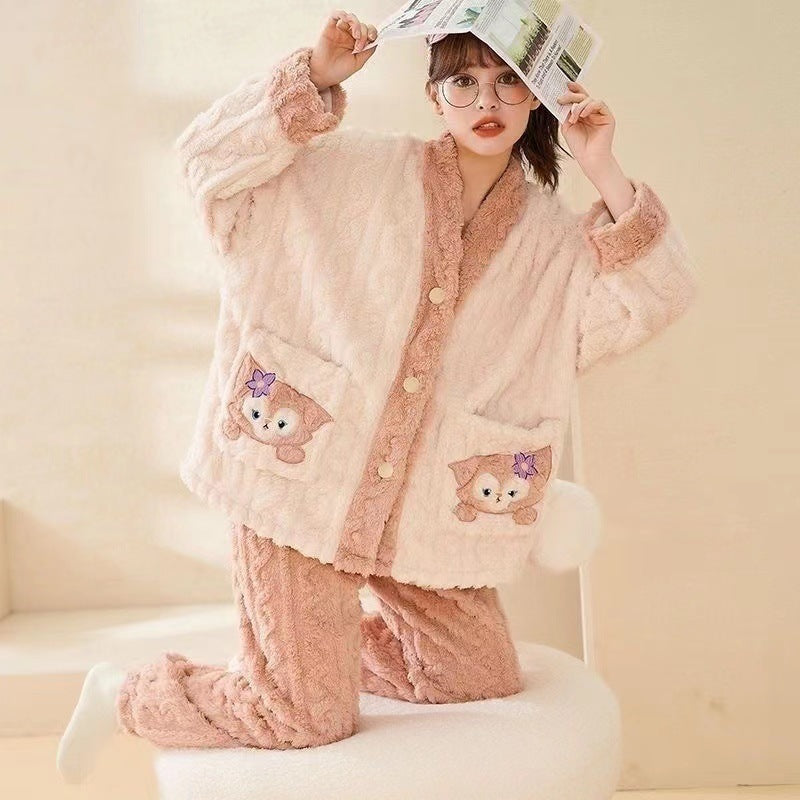 Women's Coral Fleece V-Neck Pajama Set