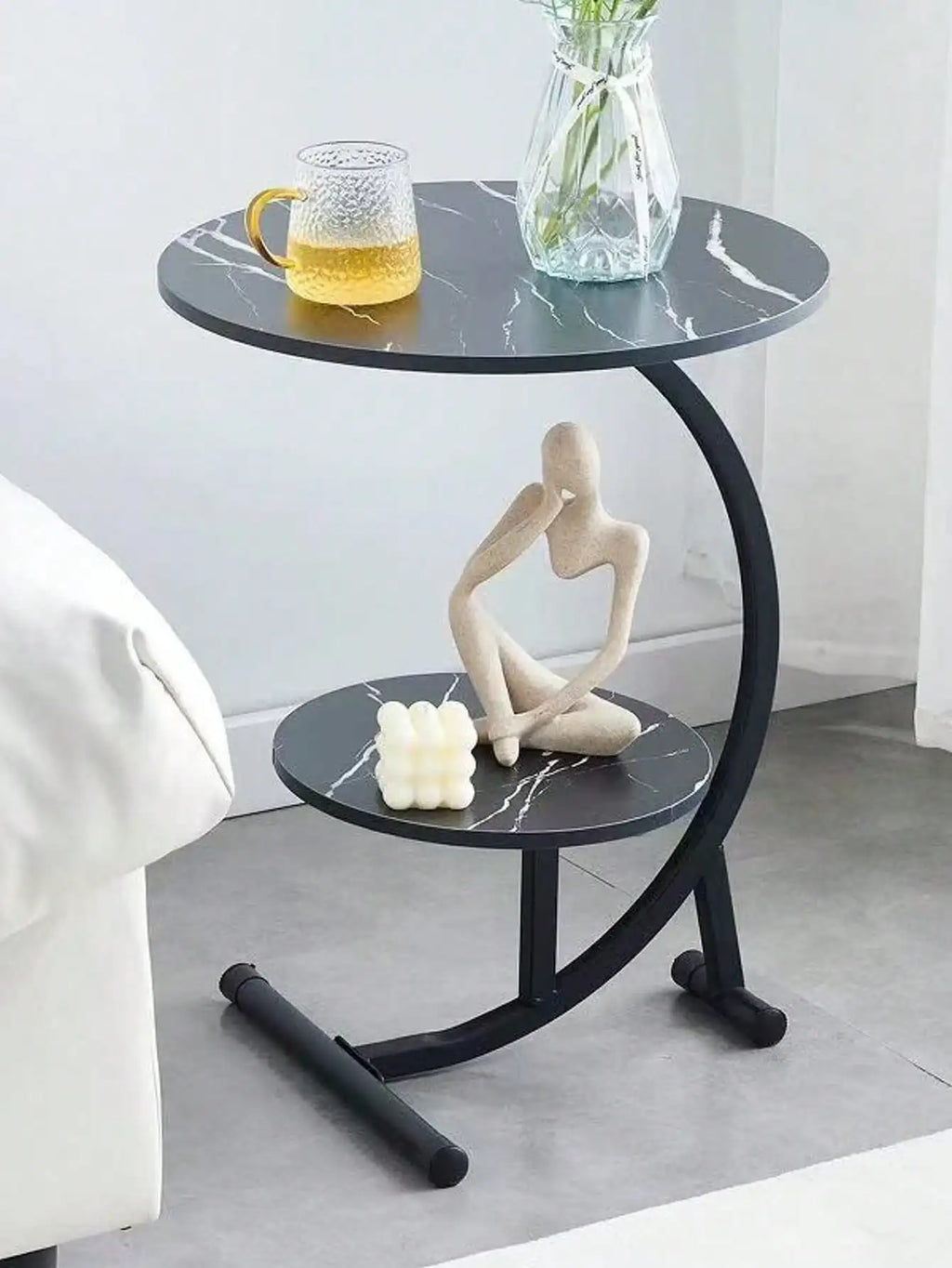 Round C-Shaped Faux Marble Side Table (2-Tier)