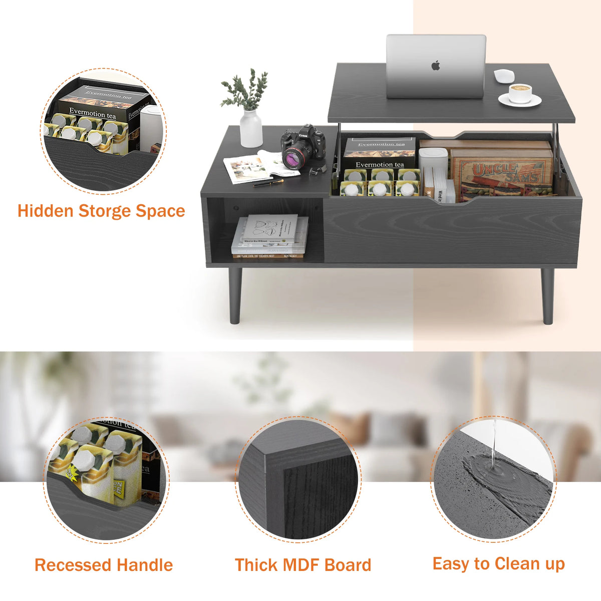 Lift-Top Coffee Table with Hidden Storage