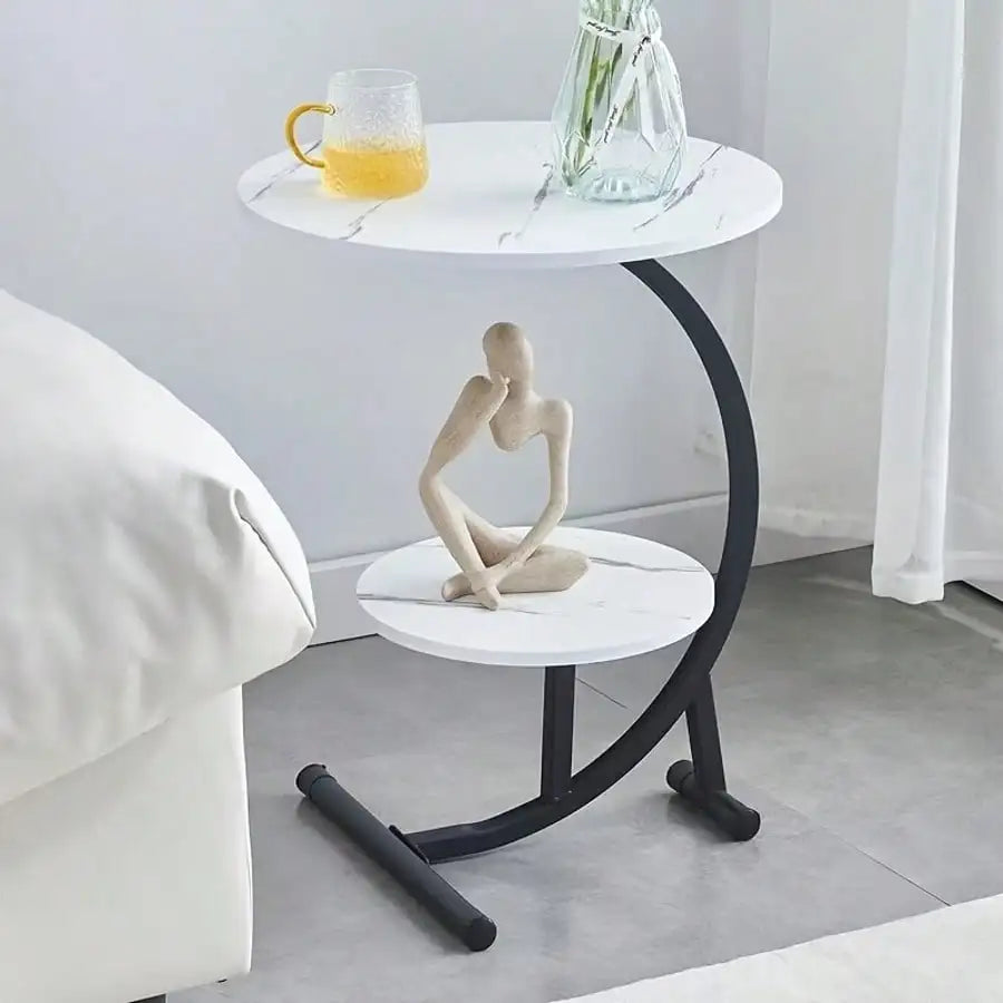 Round C-Shaped Faux Marble Side Table (2-Tier)