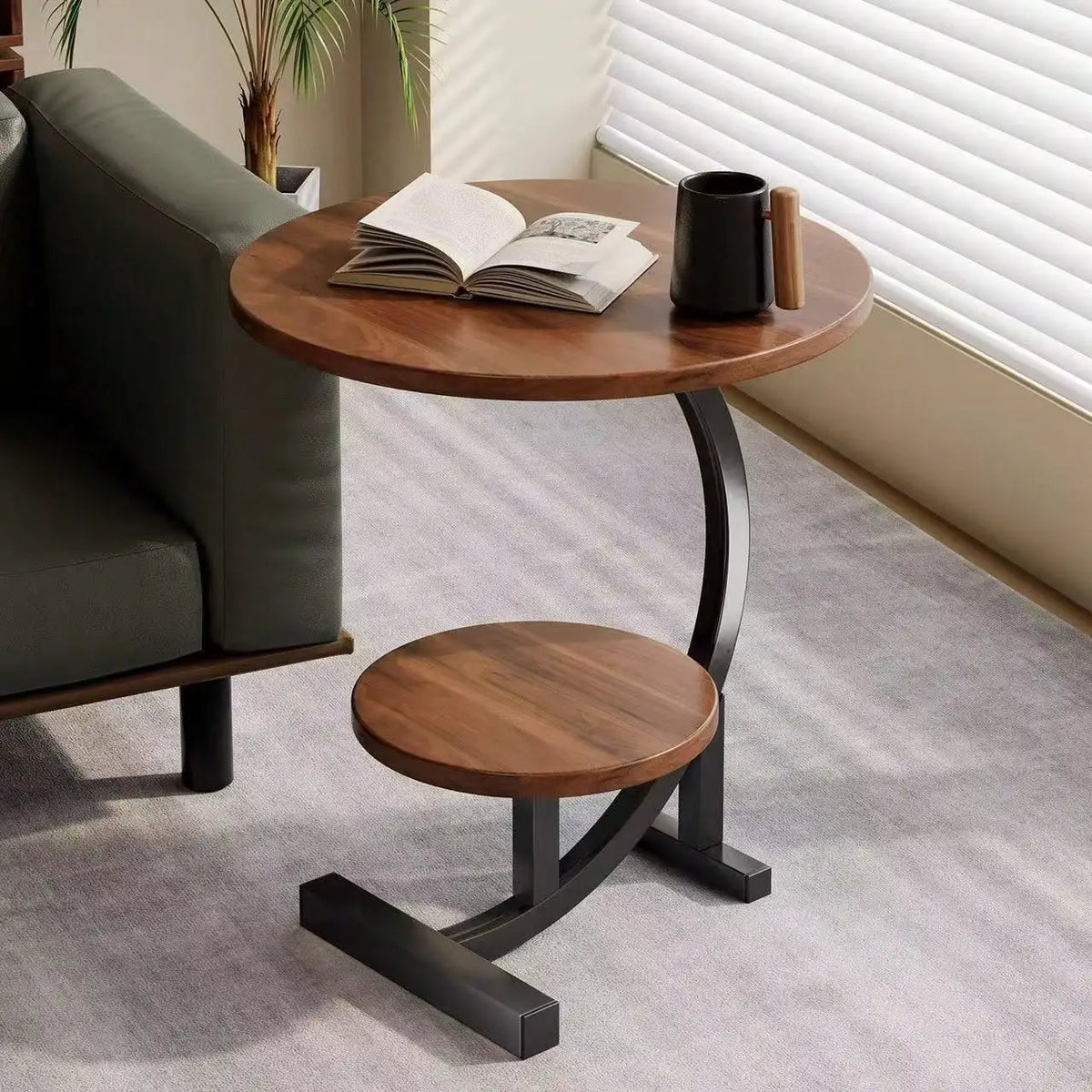 Round C-Shaped Faux Marble Side Table (2-Tier)