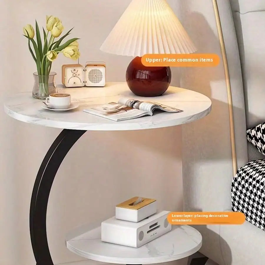 Round C-Shaped Faux Marble Side Table (2-Tier)