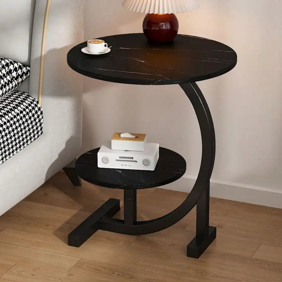 Round C-Shaped Faux Marble Side Table (2-Tier)