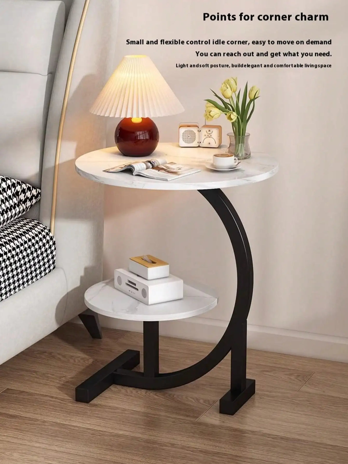 Round C-Shaped Faux Marble Side Table (2-Tier)